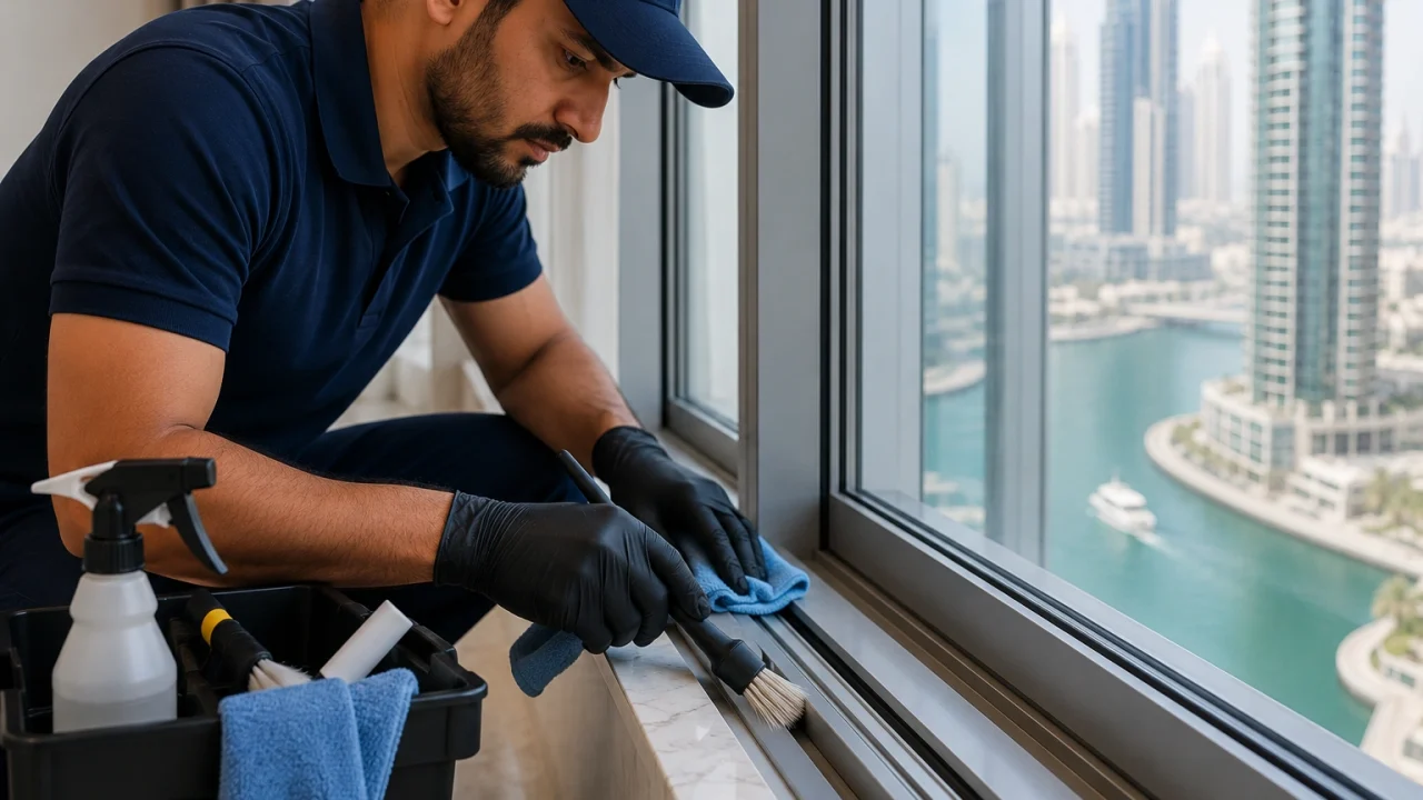 A close-up of a technician cleaning window