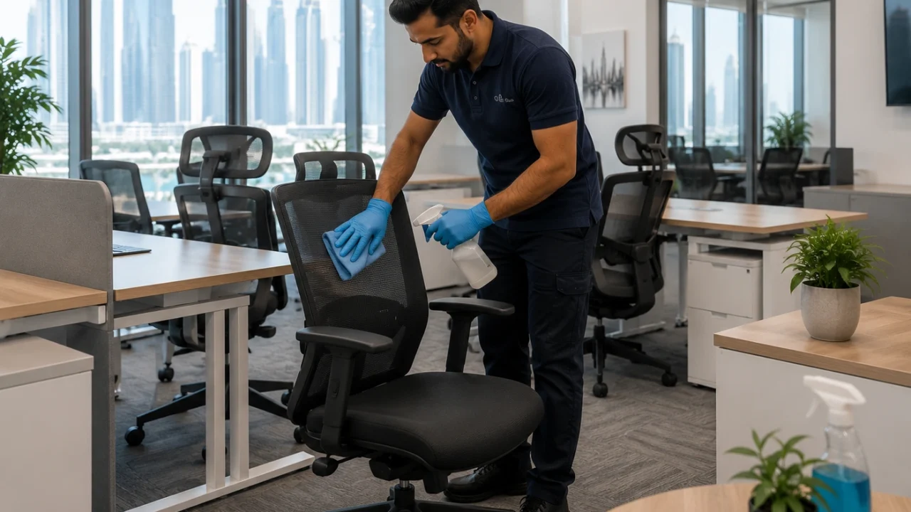 A professional cleaner deep cleaning ergonomic office