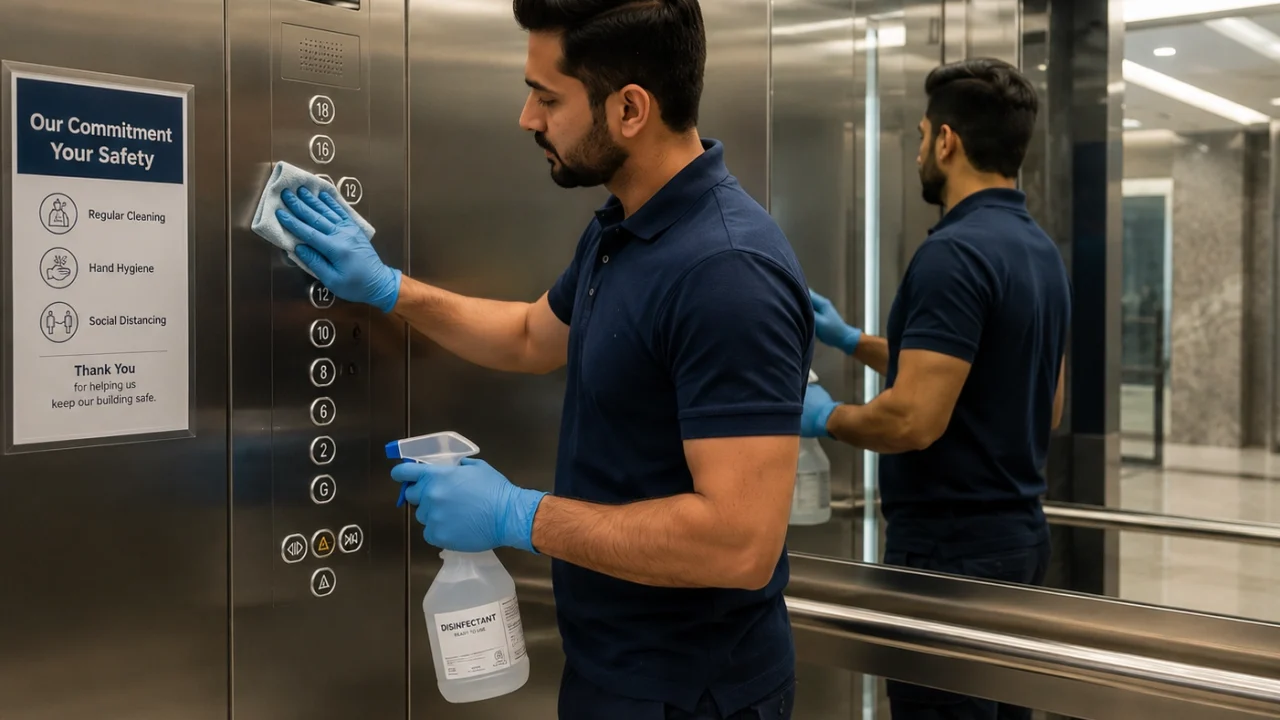 A professional cleaner disinfecting elevator buttons