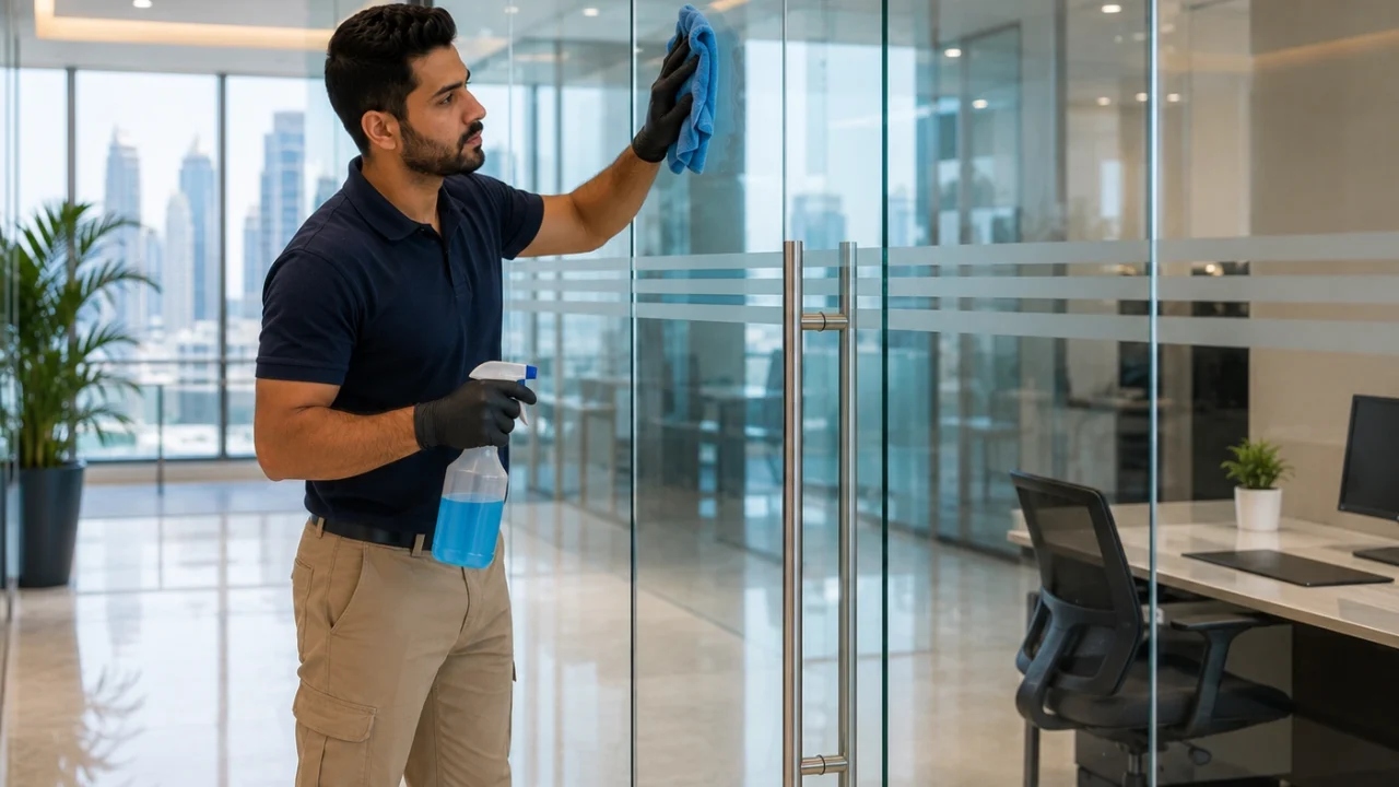 A professional cleaner polishing frameless