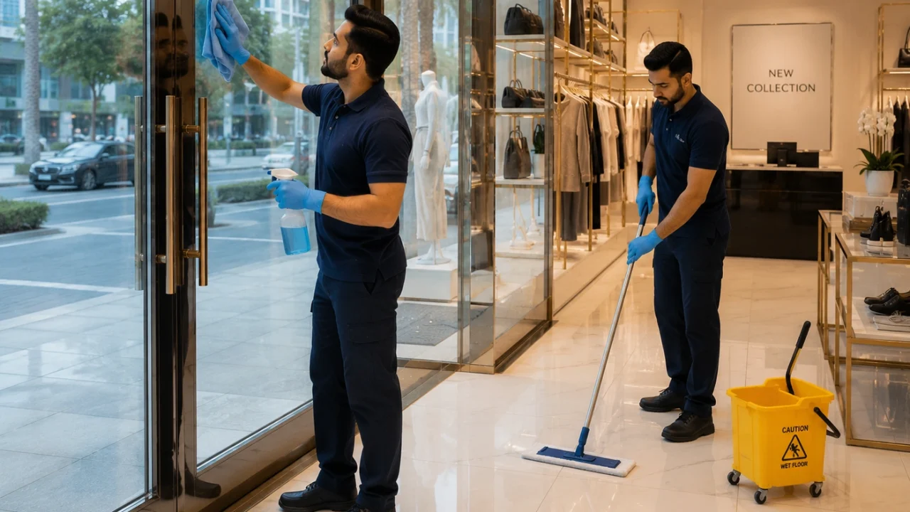 A professional cleaner polishing glass