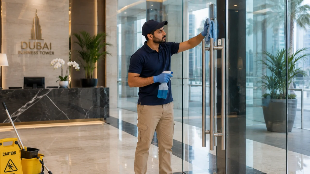 A professional cleaner polishing glass entrance doors