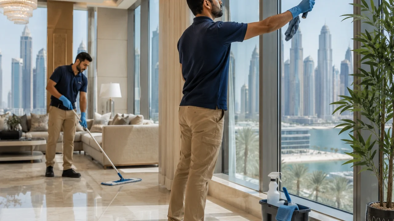 A professional cleaner polishing large glass windows