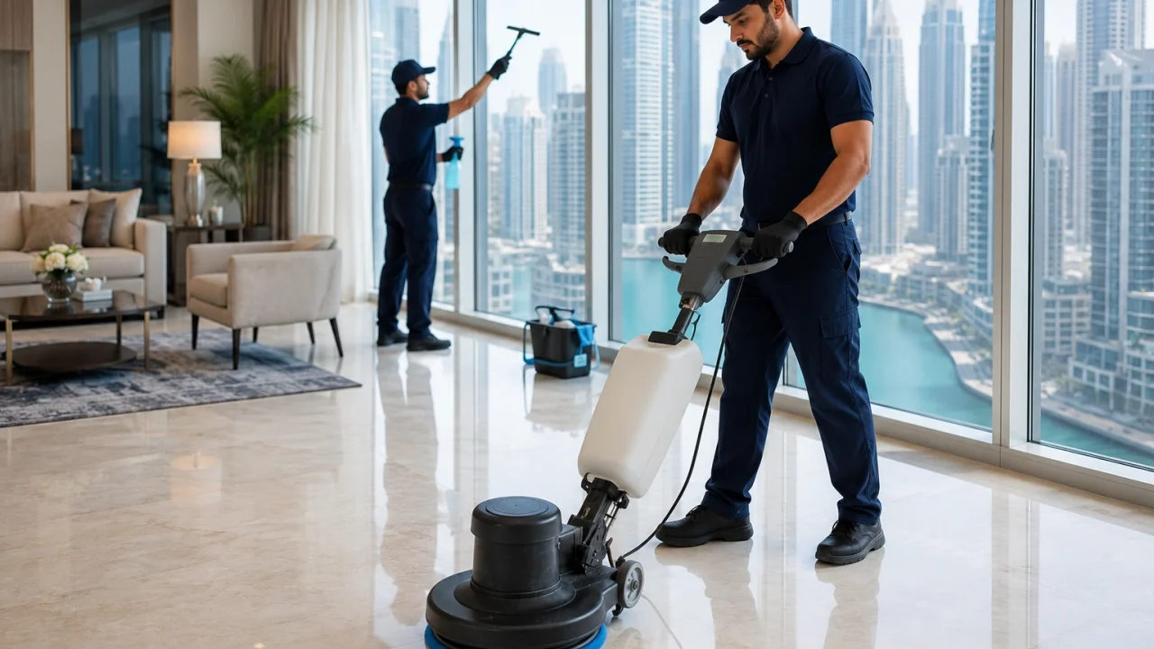 A professional cleaner polishing marble floors