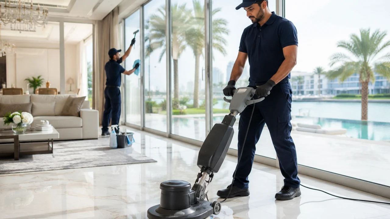 A professional cleaner polishing marble floors