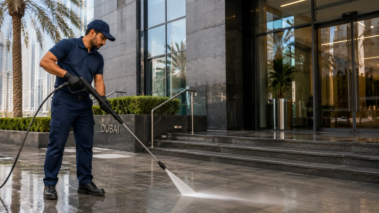 A professional cleaner pressure washing the exterior