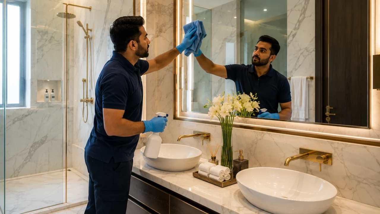 A professional cleaner sanitizing a luxury bathroom