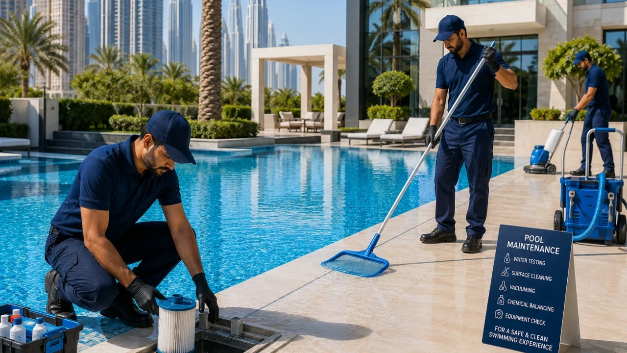A professional pool maintenance team