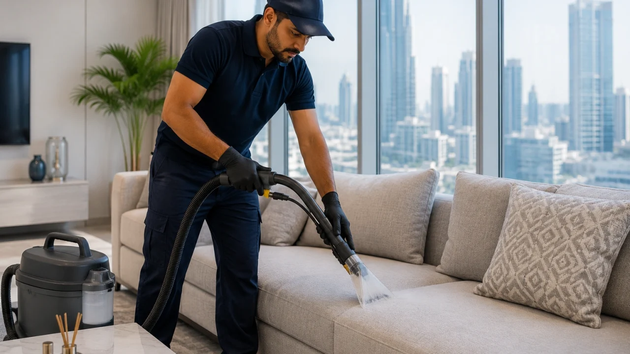 A professional technician sanitizing upholstered