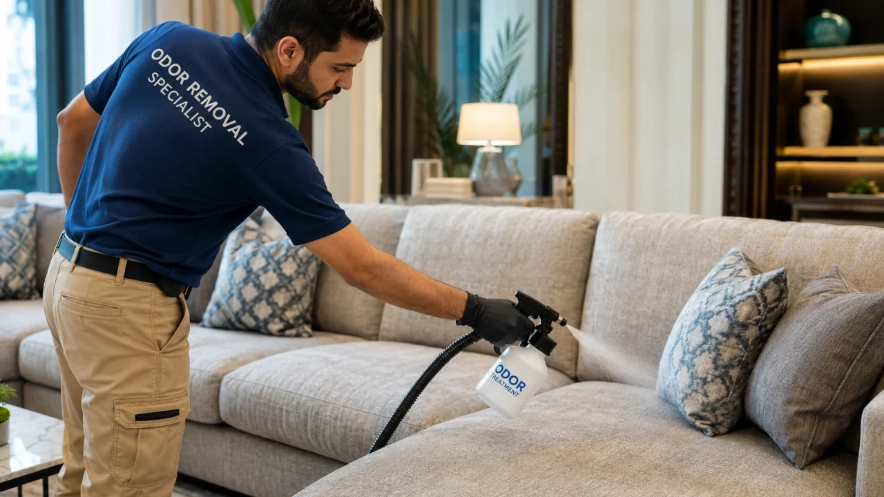 A professional upholstery cleaner applying odor removal