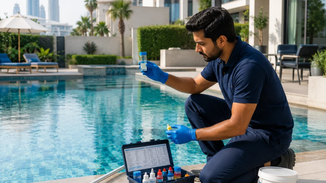 A swimming pool technician testing water quality