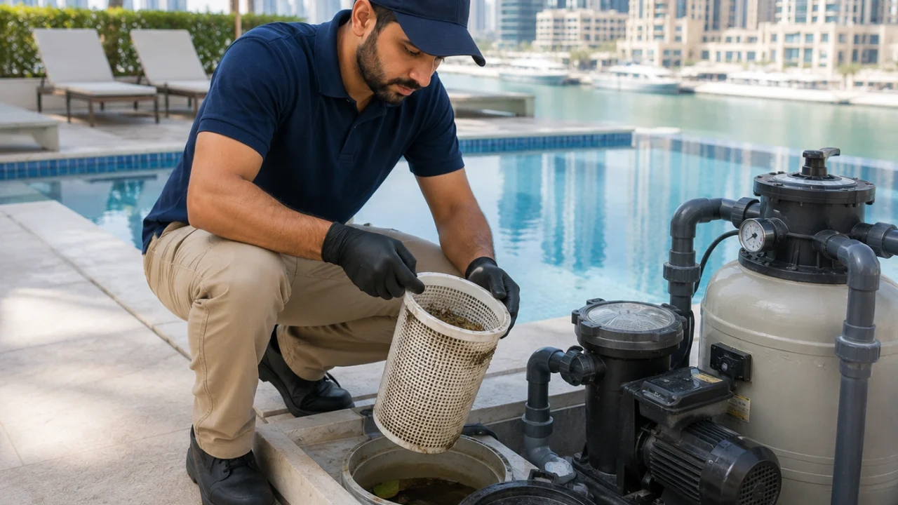A technician cleaning a swimming pool skimmer basket