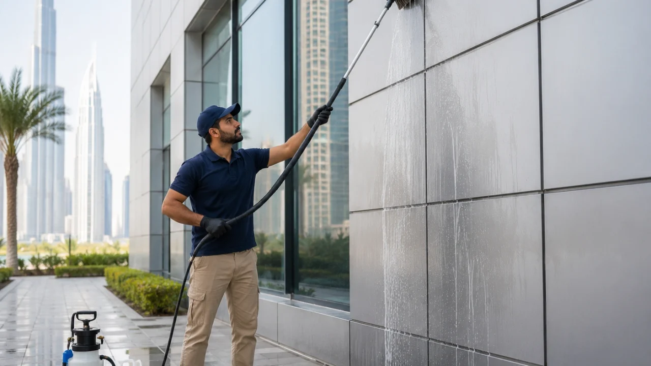 A technician cleaning aluminum composite panels