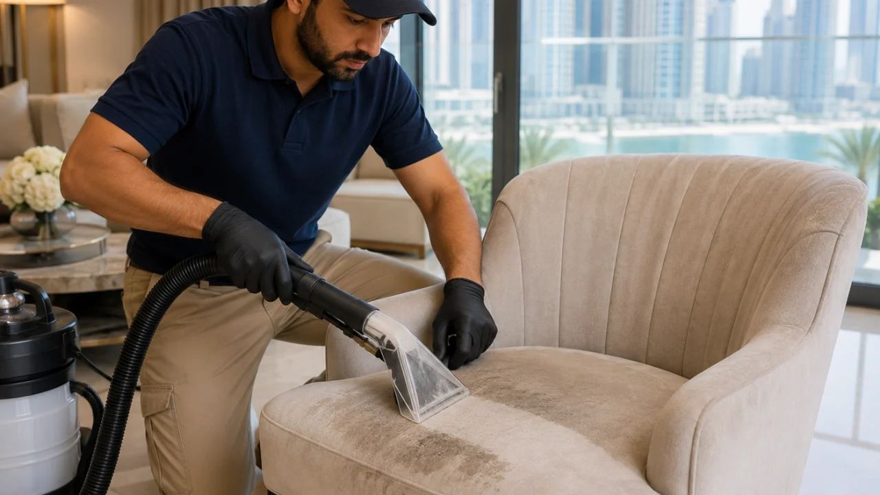 A technician removing stains from a luxury fabric chair