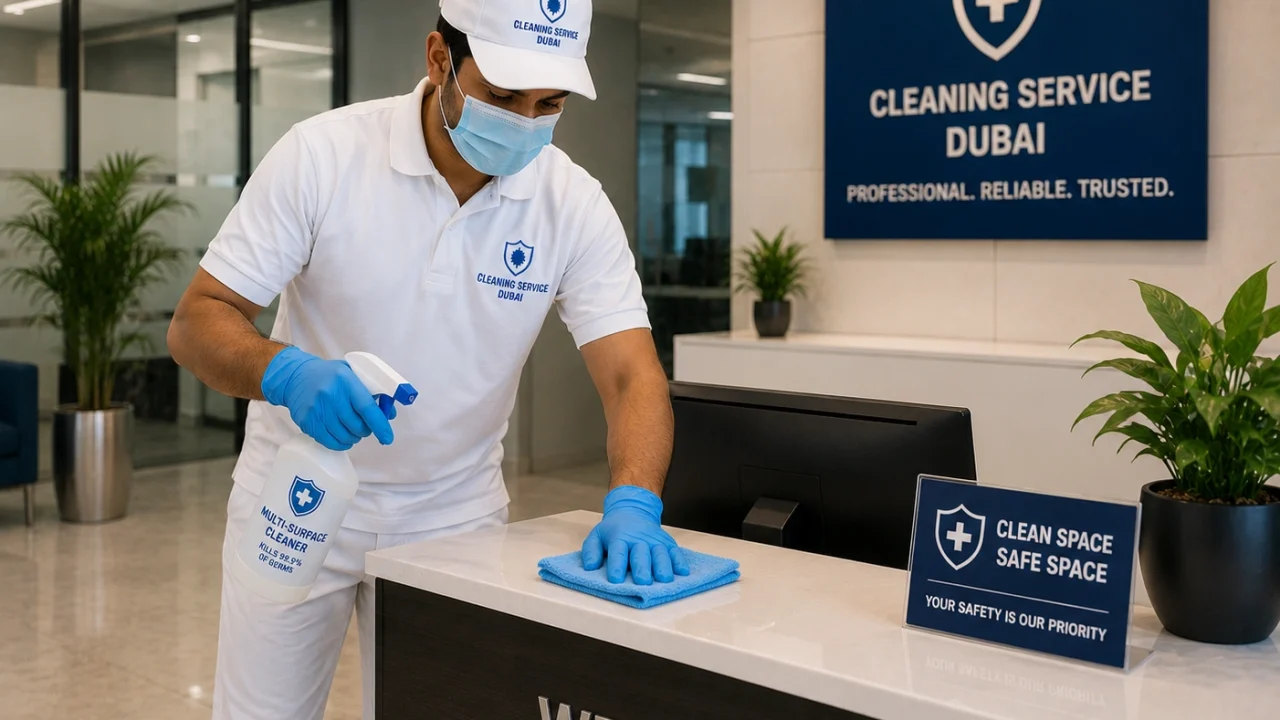Professional cleaner cleaning an office reception area.