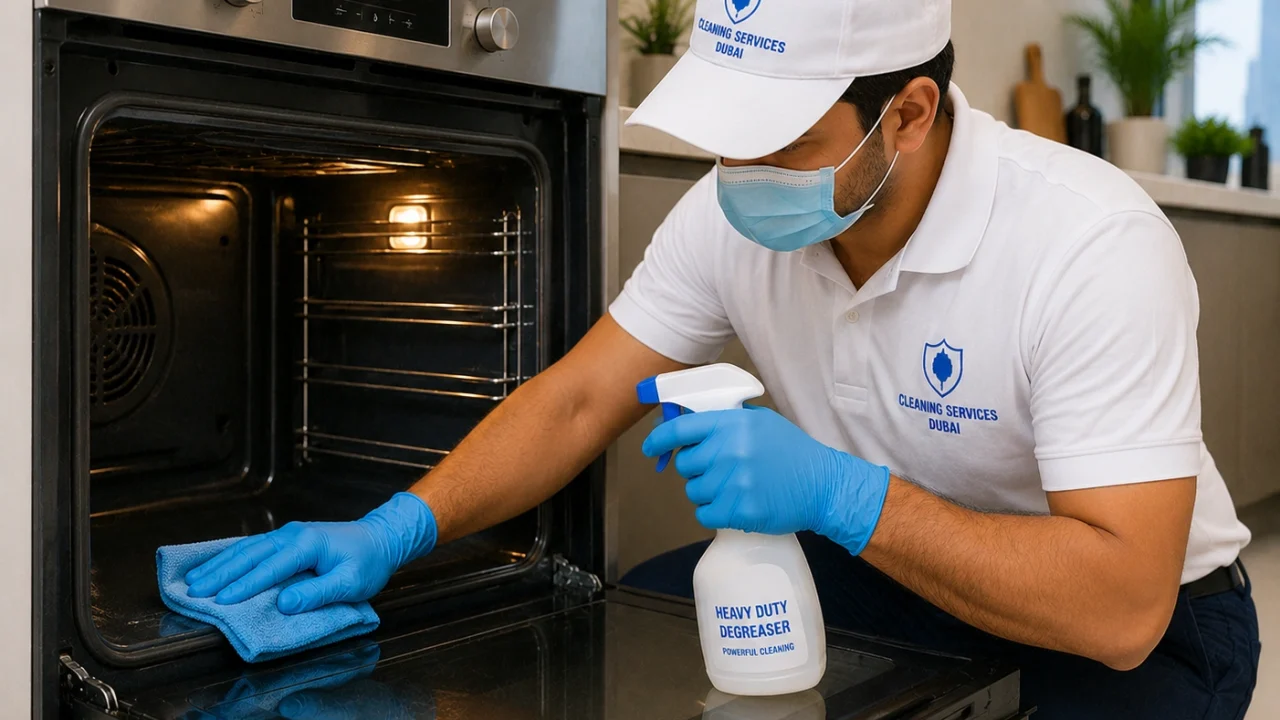 Professional cleaner cleaning the inside of a built-in oven