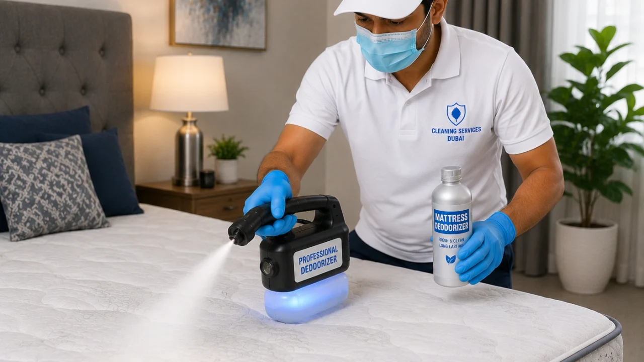 Professional cleaner deodorizing a mattress.