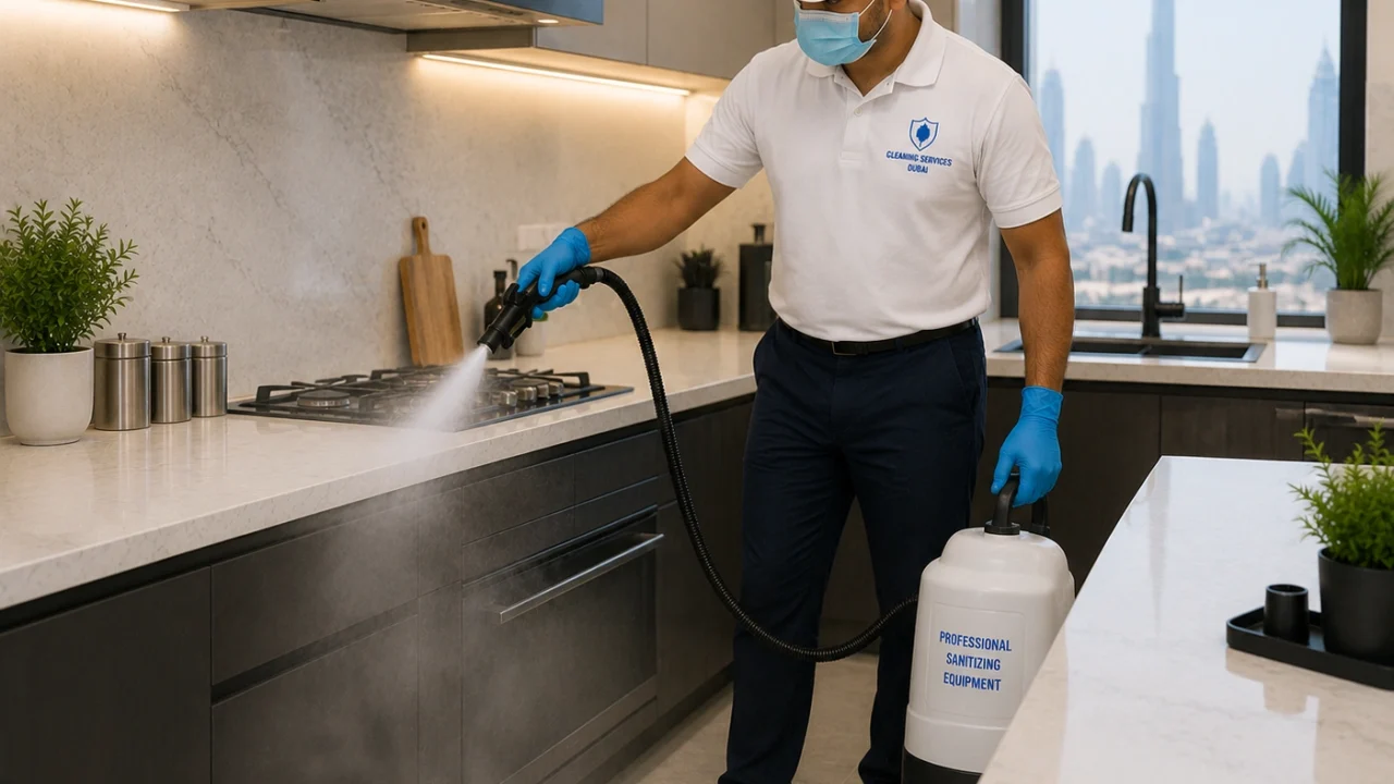 Professional cleaner sanitizing a modern kitchen using professional equipment