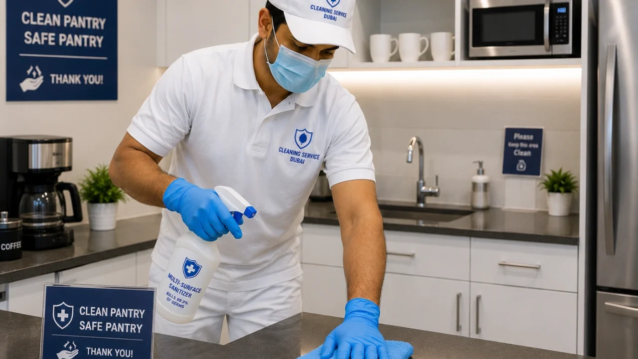 Professional cleaner sanitizing an office pantry and washroom.