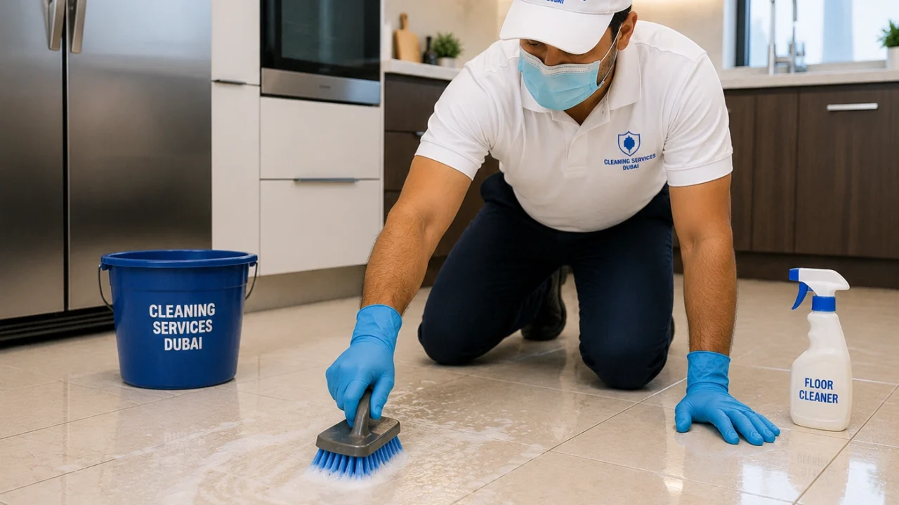 Professional cleaner scrubbing tiled kitchen flooring