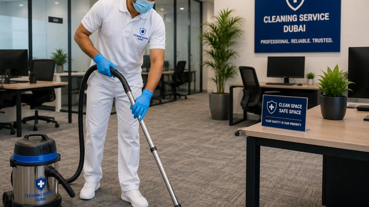 Professional cleaner vacuuming office carpets inside a modern workspace.