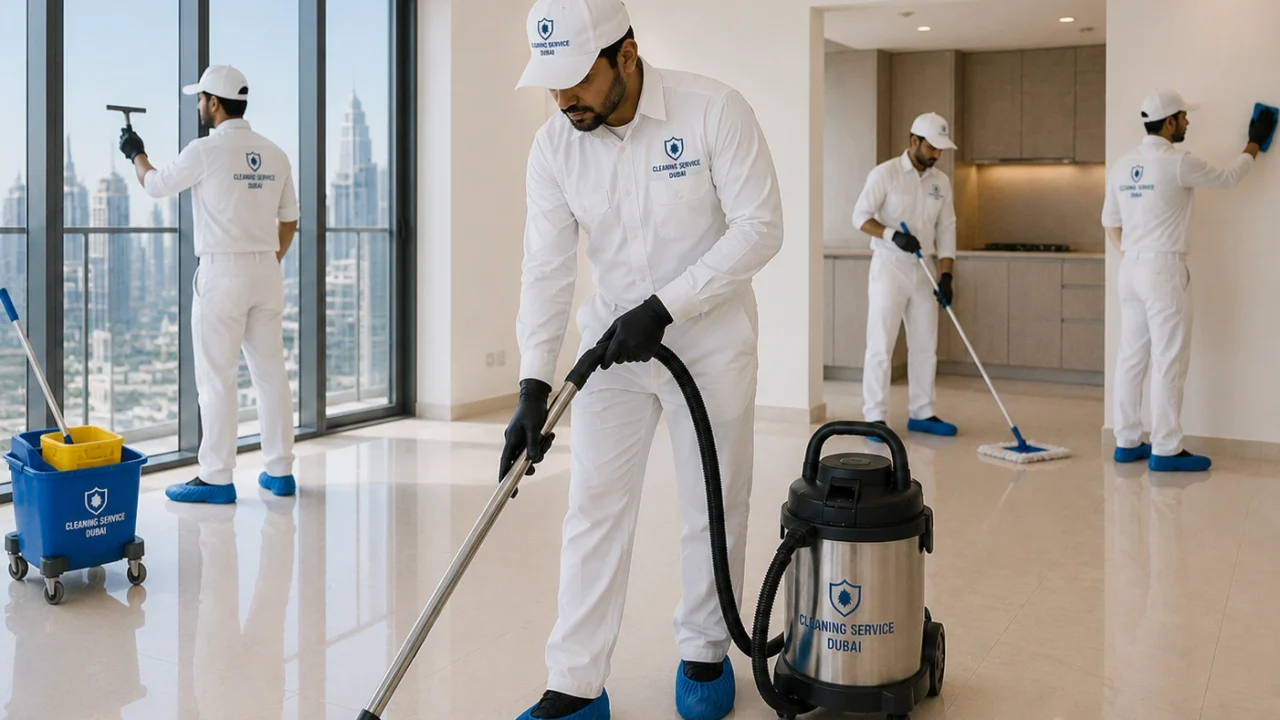 Professional cleaners cleaning an empty apartment before handover.