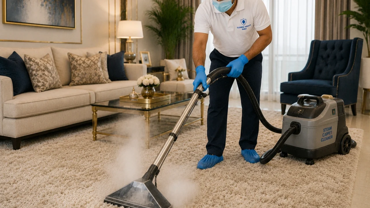 Professional steam cleaning machine cleaning a thick carpet