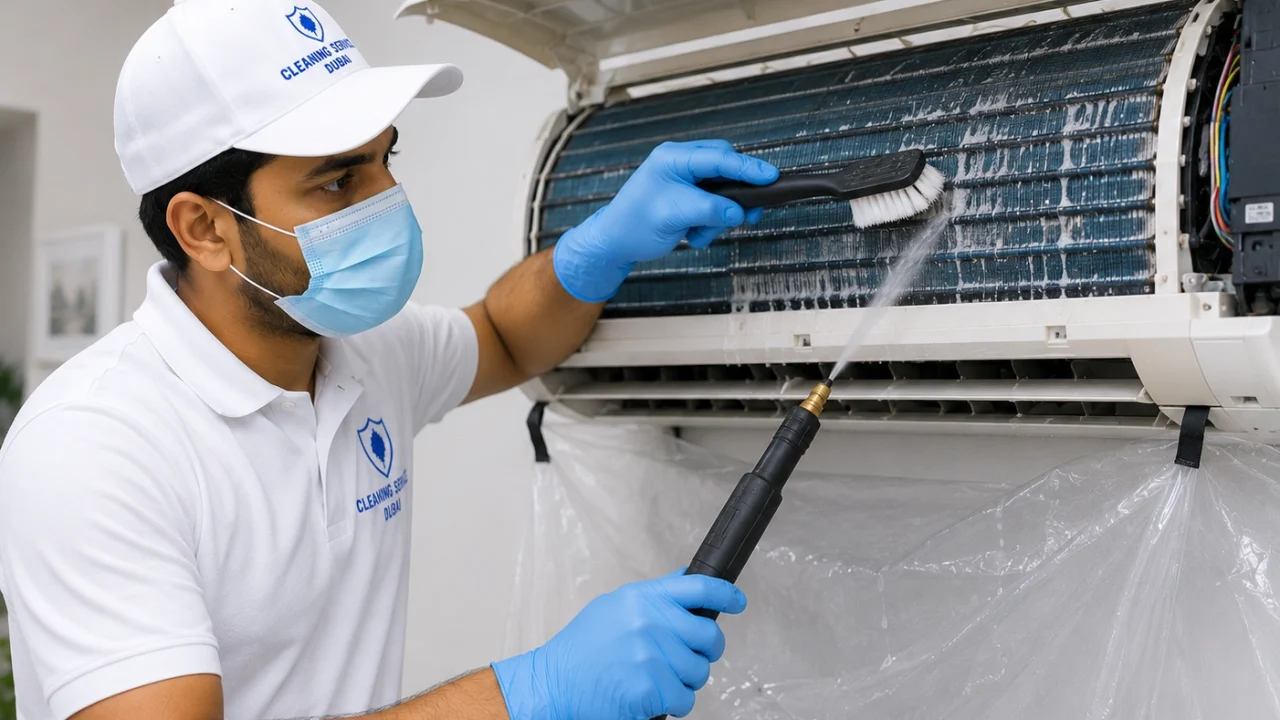 Technician cleaning AC evaporator coils.