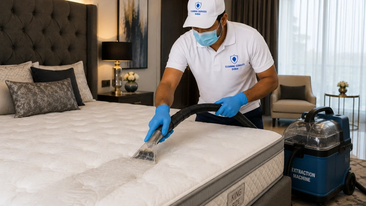 Technician cleaning a king-size mattress inside a luxury bedroom