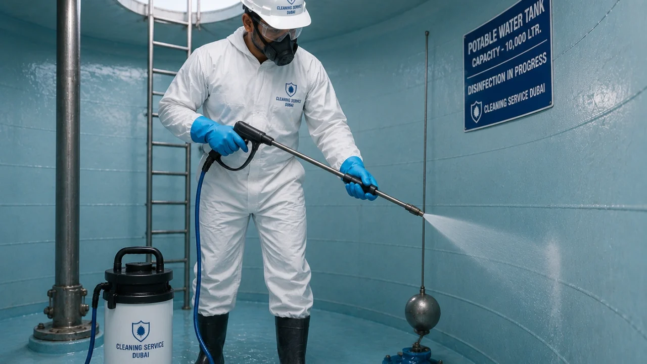 Technician disinfecting a clean water tank using professional equipment.