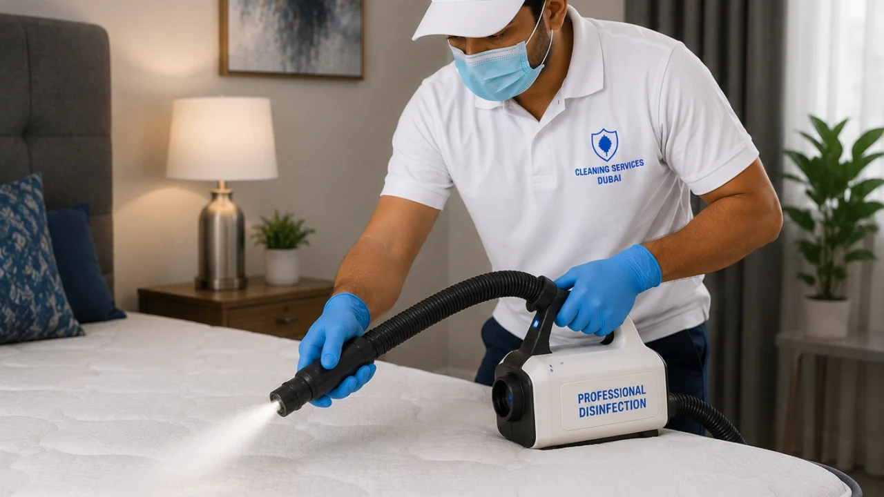 Technician disinfecting a mattress using professional equipment.