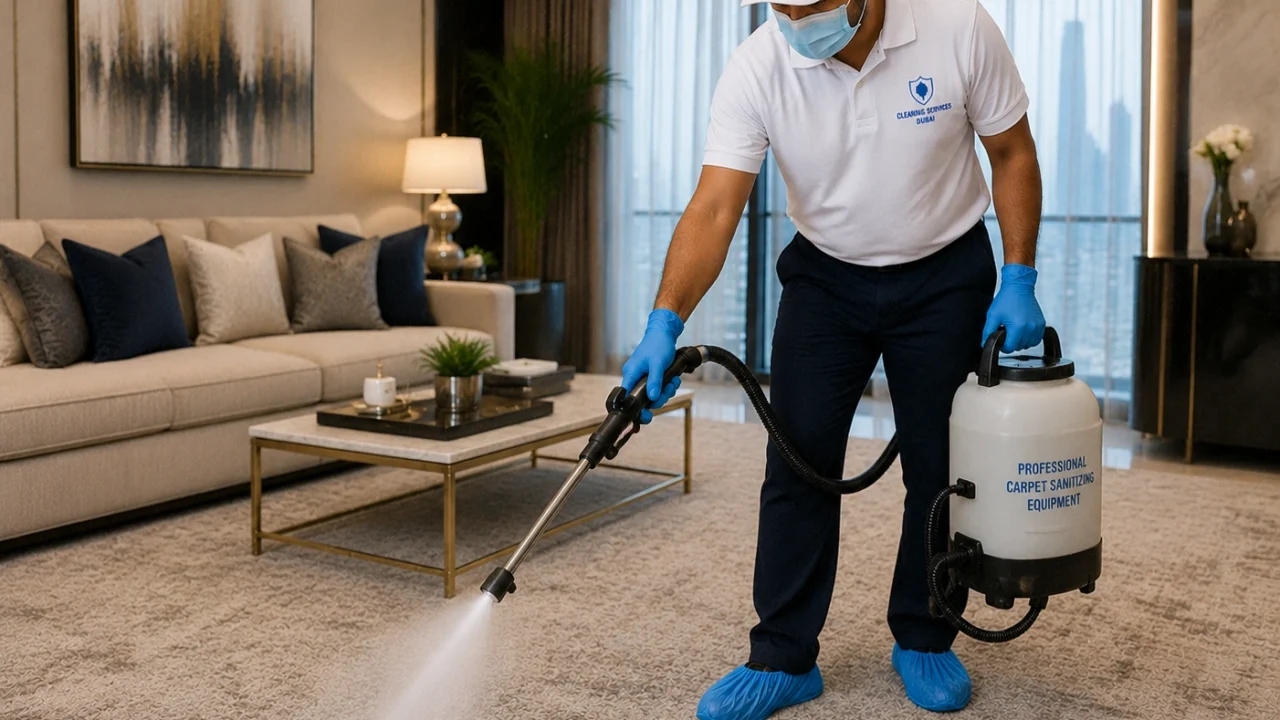 Technician disinfecting carpet flooring using professional sanitizing equipment