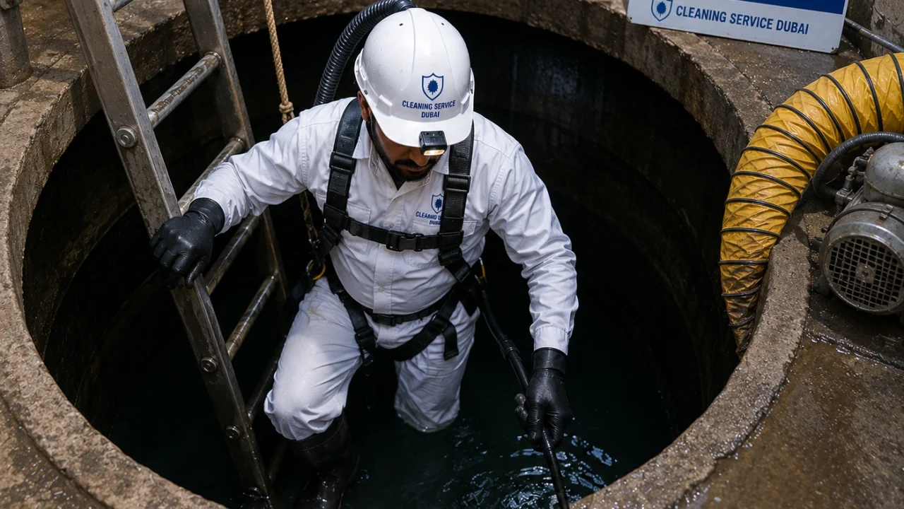 Technician entering an underground water tank for cleaning