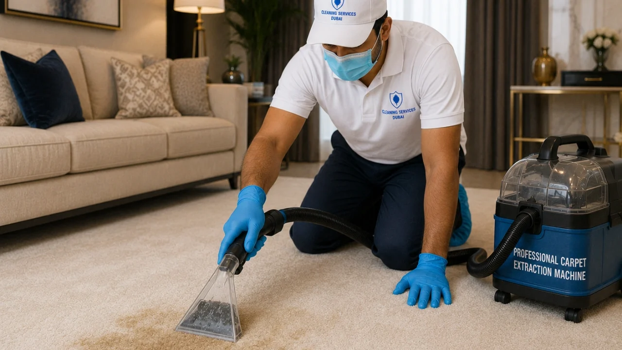 Technician removing stains from a cream-colored carpet