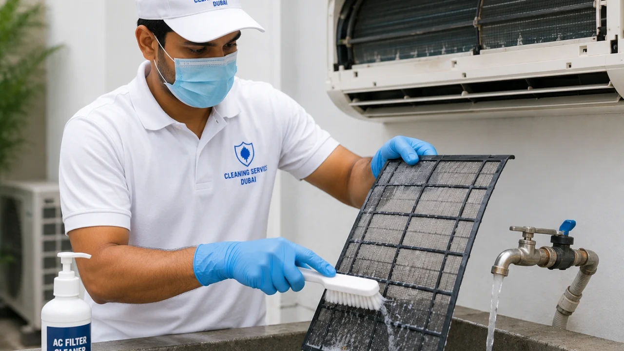 Technician washing an AC filter.