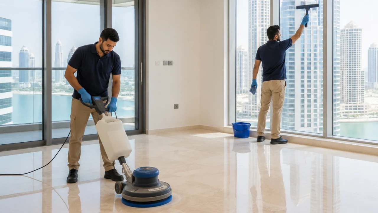 cleaner polishing marble floors and cleaning large apartment
