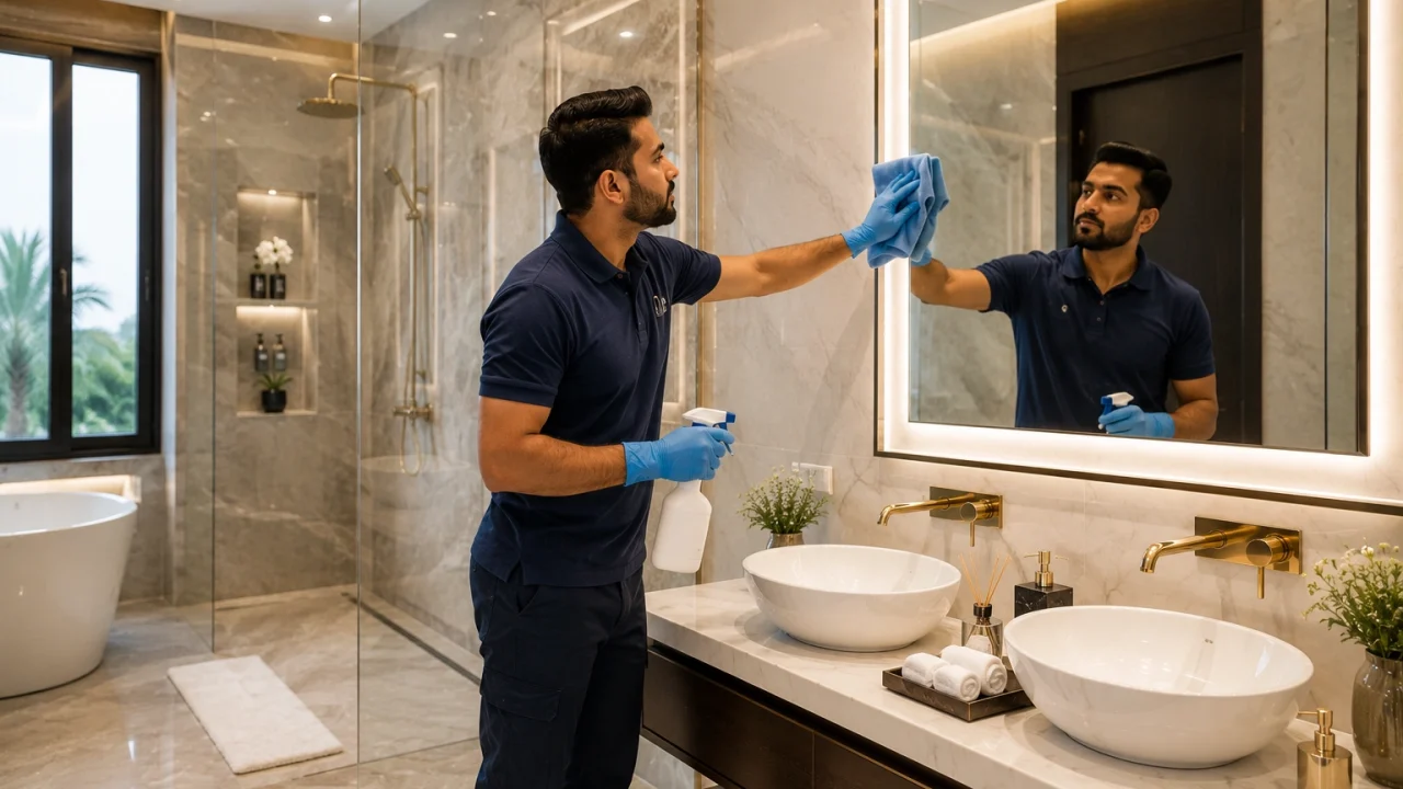 cleaner sanitizing a luxury villa bathroom