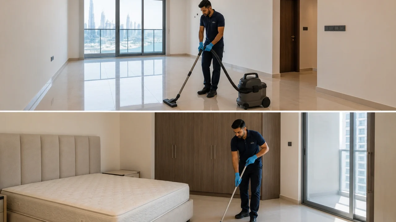 cleaner vacuuming and mopping an empty living room
